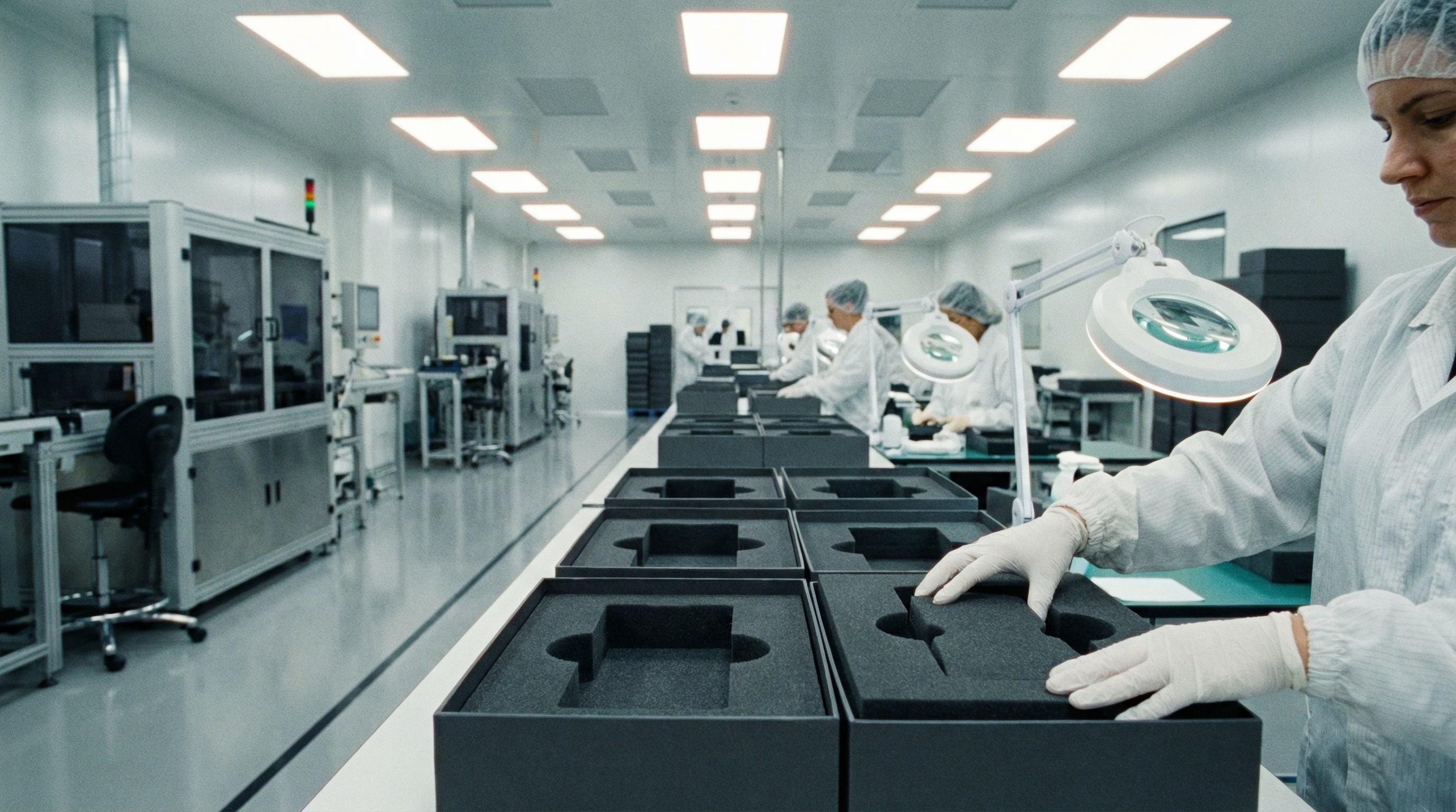 Assembly line workers placing inserts into rigid boxes