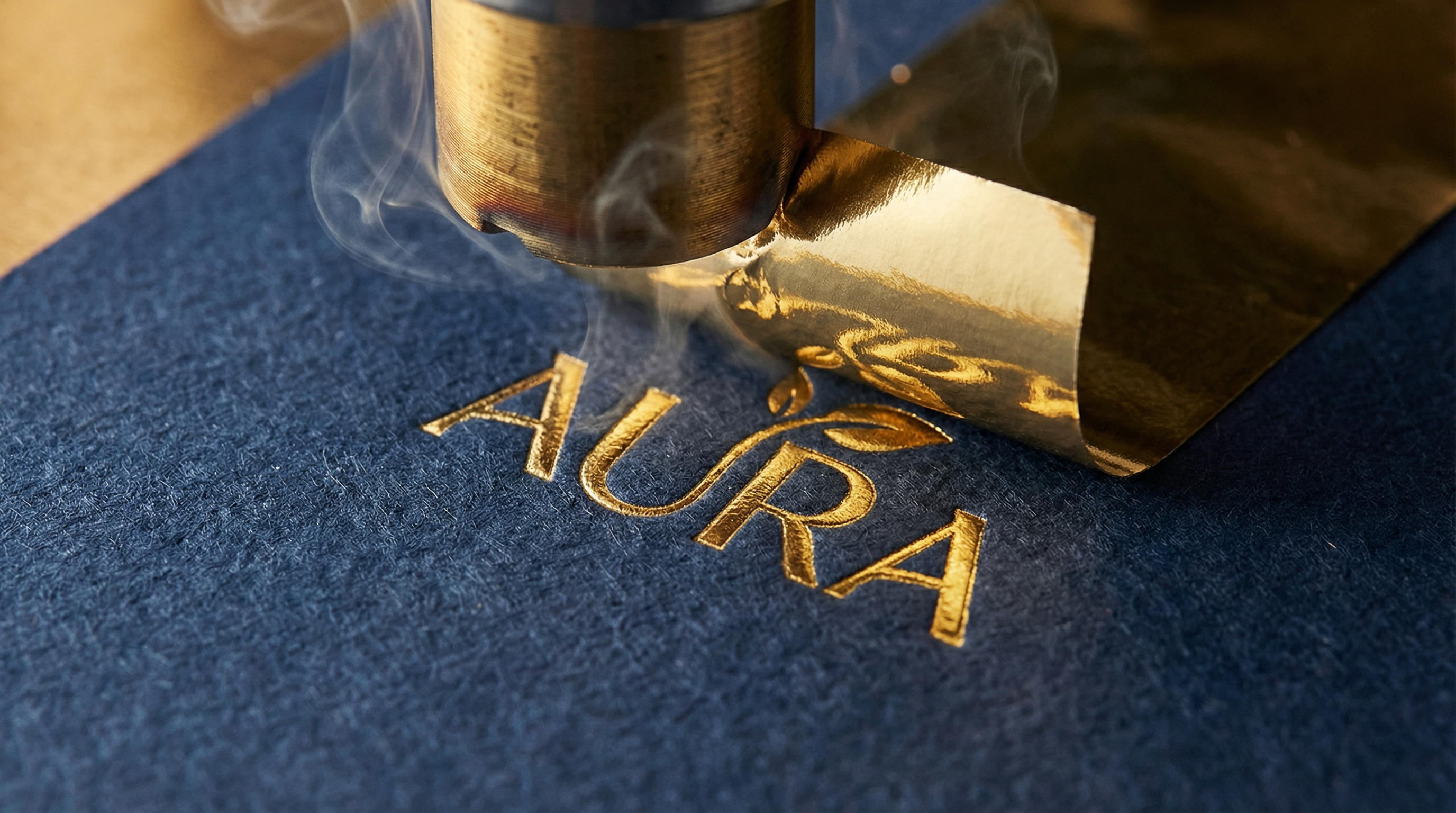 Close up of gold foil stamping on textured paper